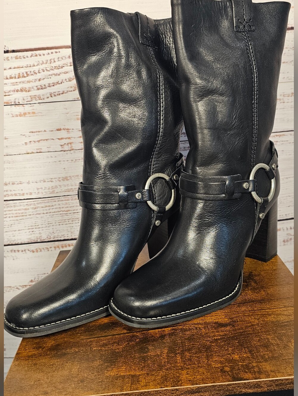 Free People Hayden Harness Leather Heeled Boots Size 8.5 Black Mid Calf